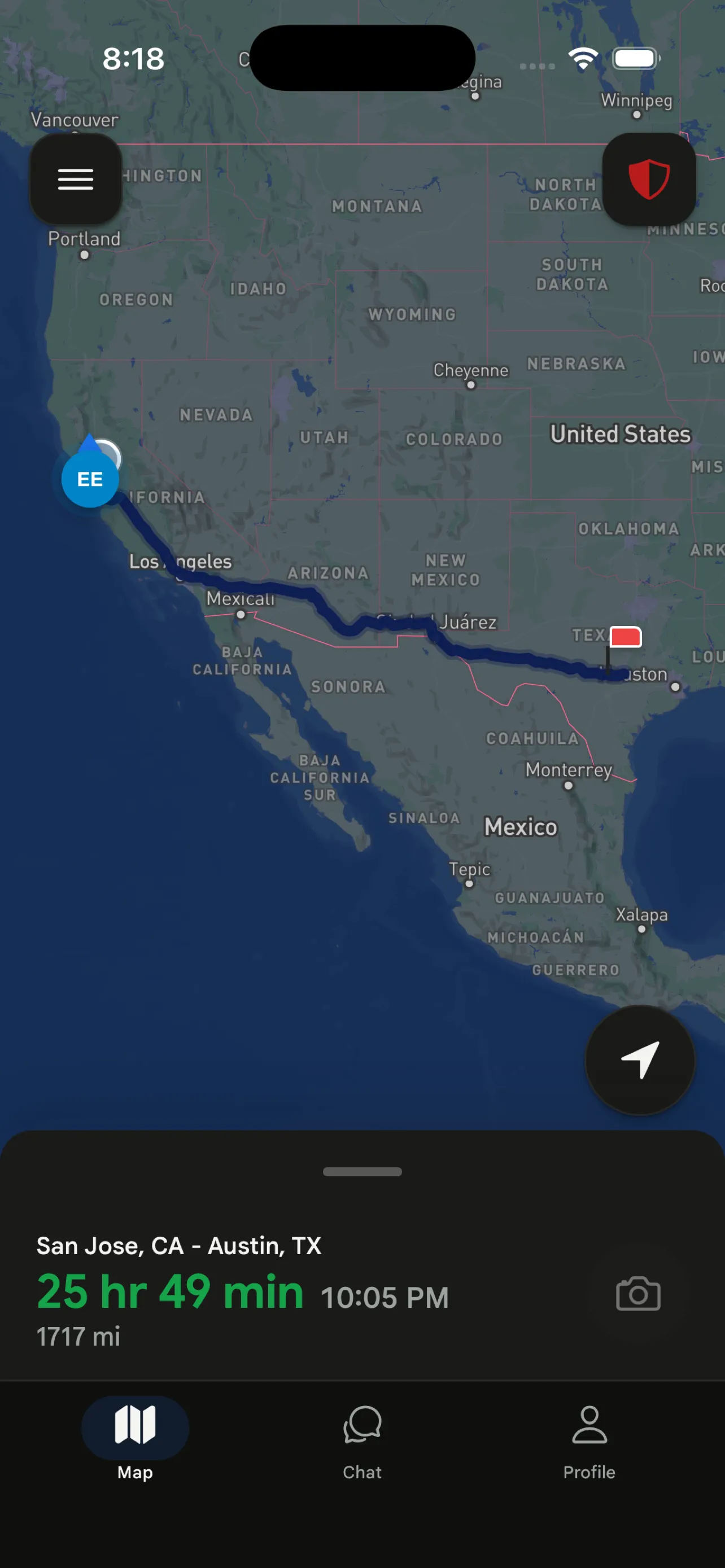 Streamm field app: live escort route from San Jose to Austin