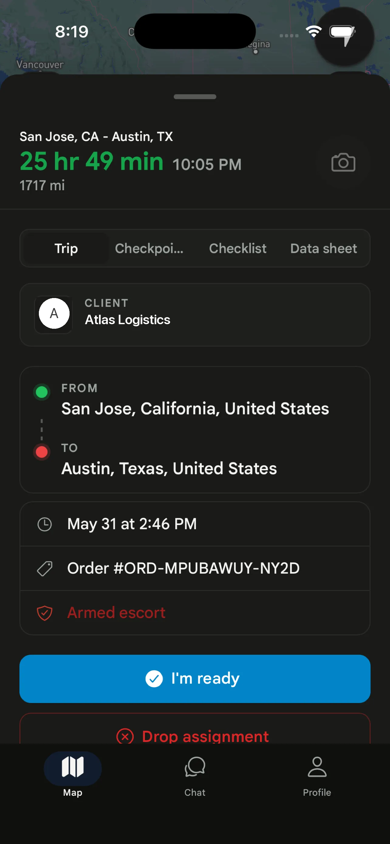 Streamm field app: trip detail with client, route, and order number